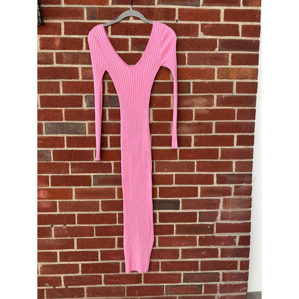 Fashion Nova Pink Ribbed Bodycon Midi Dress XS Long Sleeve V Neck Stretch - Picture 6 of 7